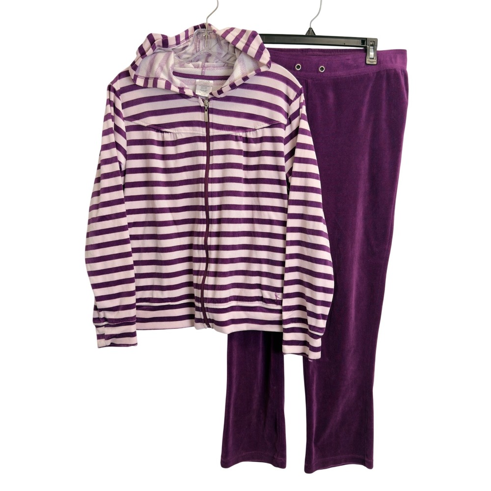 Danskin Now Womens Velour Tracksuit Set Purple Striped Hoodie Pants Plush Plum L
